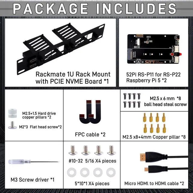 Alt view image 7 of 7 - 52Pi 10 Inch 1U Rack Mount for Raspberry Pi 5, with 2PCS PCIe to M.2 NVMe SSD Adapters for DeskPi Rackmount T0/T1/T2 Server Cabinets