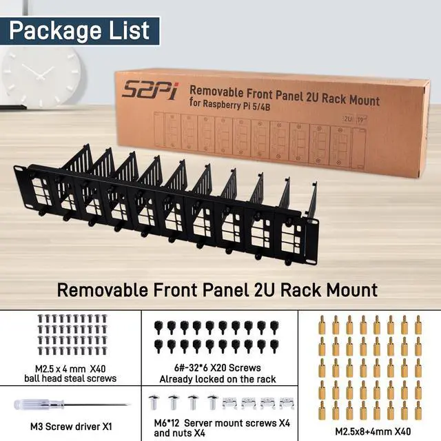 Alt view image 5 of 5 - 52Pi 19 Inch 2U Rack Mount for Raspberry Pi 5/4B/3B+/3B, Removable Front Panel with 10 Mounting Ports, Compatible with 19" Server Cabinets