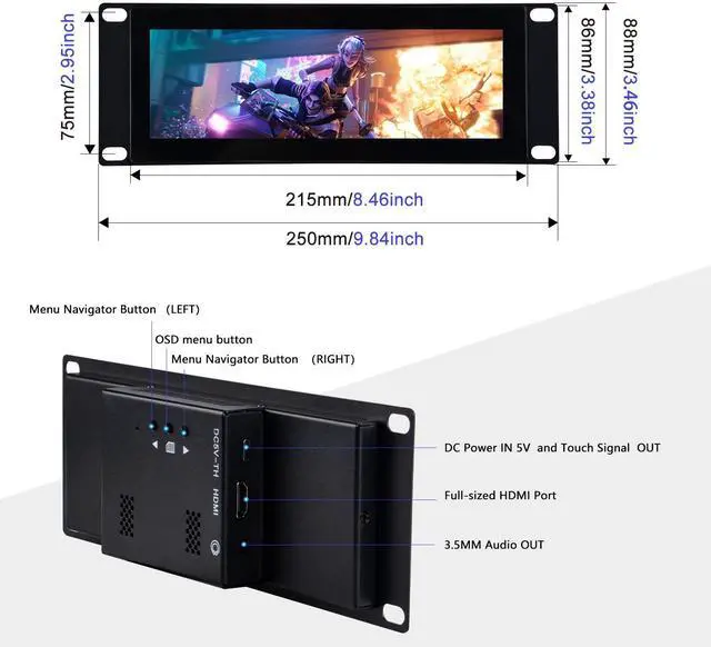 Alt view image 3 of 7 - 52Pi 7.84-inch Touch Screen 1280X400 LCD Display 2U Rack Mount Monitor for DeskPi RackMate T0/T1/T2 Server Cabinet