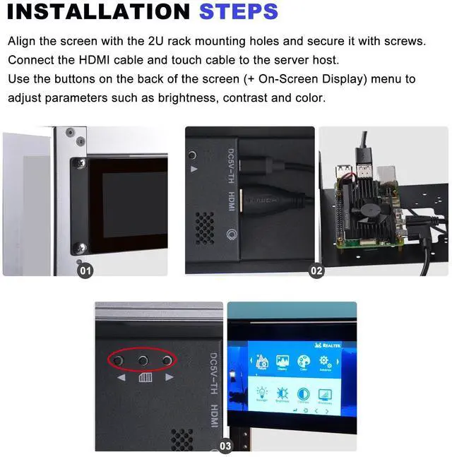 Alt view image 4 of 7 - 52Pi 7.84-inch Touch Screen 1280X400 LCD Display 2U Rack Mount Monitor for DeskPi RackMate T0/T1/T2 Server Cabinet