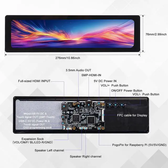 Alt view image 3 of 7 - 52Pi 11.26" Portable Monitor, HDR Gaming Monitor for Raspberry Pi 5, 1920X440 Capacitive Touch Screen for Raspberry Pi 4B/3B+/3B, with Mounting Holes to Install Pi Board