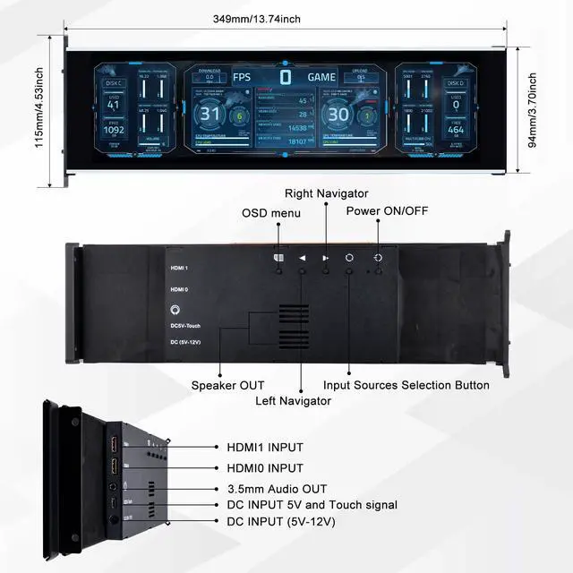 Alt view image 3 of 7 - 52Pi 12.6 Inch Bar LCD Screen, Touch Screen Monitor FHD 1920x515 Display, Built-in Dual Speakers for Hyte Y60 Computer Gaming PC Case CPU Secondary Monitor