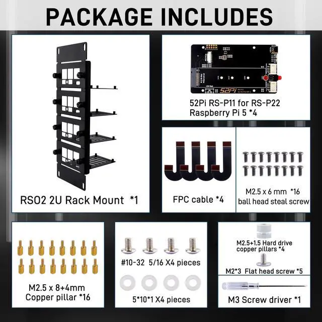 Alt view image 7 of 7 - 52Pi 10 Inch 2U Rack Mount for Raspberry Pi 5, with Four PCIE NVME Boards for DeskPi Rackmount T1/T0/T2 Server Cabinets