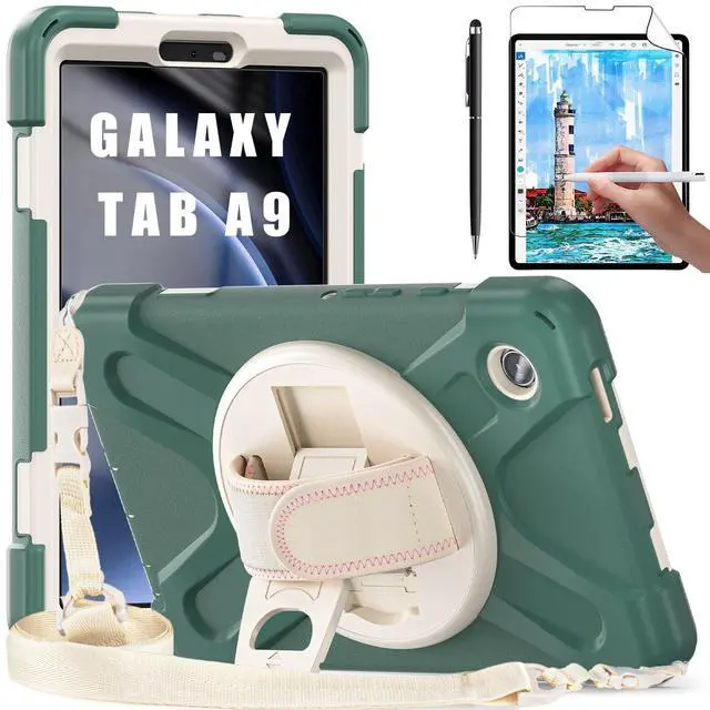 Main image of Case for Samsung Galaxy Tab A9 8.7 inch 2023 SM-X110/SM-X115/SM-X117 Shockproof Hard Protective Cover with 360 Rotating Hand Strap, Stand, Shoulder Strap, Screen Protector, Stylus Pen (Dark Green)
