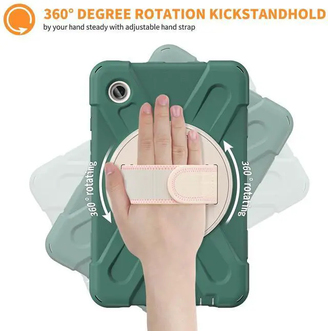 Alt view image 3 of 7 - Case for Samsung Galaxy Tab A9 8.7 inch 2023 SM-X110/SM-X115/SM-X117 Shockproof Hard Protective Cover with 360 Rotating Hand Strap, Stand, Shoulder Strap, Screen Protector, Stylus Pen (Dark Green)