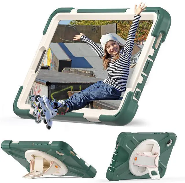 Alt view image 4 of 7 - Case for Samsung Galaxy Tab A9 8.7 inch 2023 SM-X110/SM-X115/SM-X117 Shockproof Hard Protective Cover with 360 Rotating Hand Strap, Stand, Shoulder Strap, Screen Protector, Stylus Pen (Dark Green)