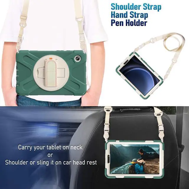 Alt view image 6 of 7 - Case for Samsung Galaxy Tab A9 8.7 inch 2023 SM-X110/SM-X115/SM-X117 Shockproof Hard Protective Cover with 360 Rotating Hand Strap, Stand, Shoulder Strap, Screen Protector, Stylus Pen (Dark Green)