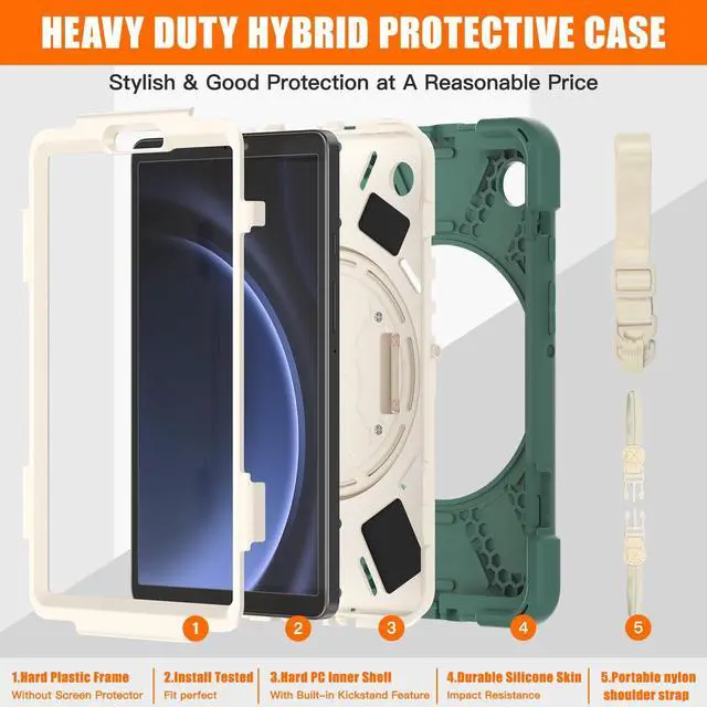 Alt view image 7 of 7 - Case for Samsung Galaxy Tab A9 8.7 inch 2023 SM-X110/SM-X115/SM-X117 Shockproof Hard Protective Cover with 360 Rotating Hand Strap, Stand, Shoulder Strap, Screen Protector, Stylus Pen (Dark Green)