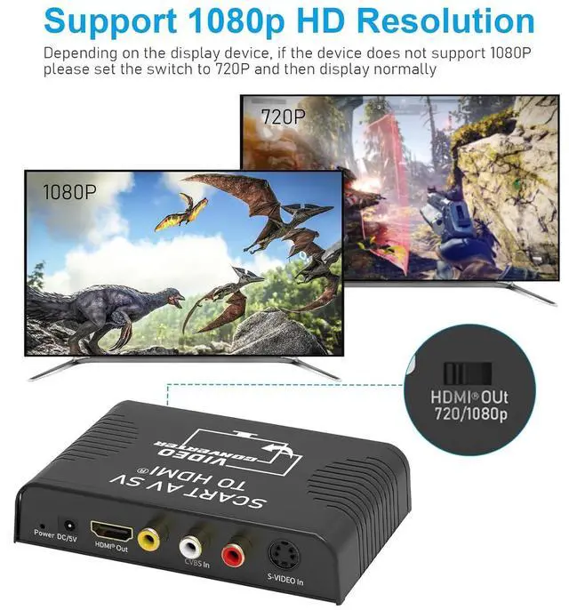Alt view image 4 of 7 - WERLEO S-Video to HDMI Converter, RCA AV CVBS Composite R/L Audio Scart to HDMI Converter Adapter Support 720P/1080P for DVD Blu-ray Player PS2 PS3 NES SNES Nintendo 64 HDTV