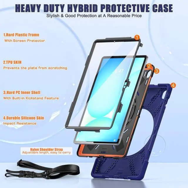 Alt view image 3 of 7 - WERLEO Case for Samsung Galaxy Tab S10 FE Plus 13.1 inch 2025 SM-X620/X626B/X626, Shockproof Protective Cover with Screen Protector, Stand, Hand/Shoulder Strap Pen Holder,Stylus Pen Navy Blue