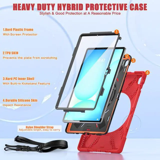 Alt view image 3 of 7 - WERLEO Case for Samsung Galaxy Tab S10 FE Plus 13.1 inch 2025 SM-X620/X626B/X626, Shockproof Protective Cover with Screen Protector, Stand, Hand/Shoulder Strap Pen Holder,Stylus Pen Red