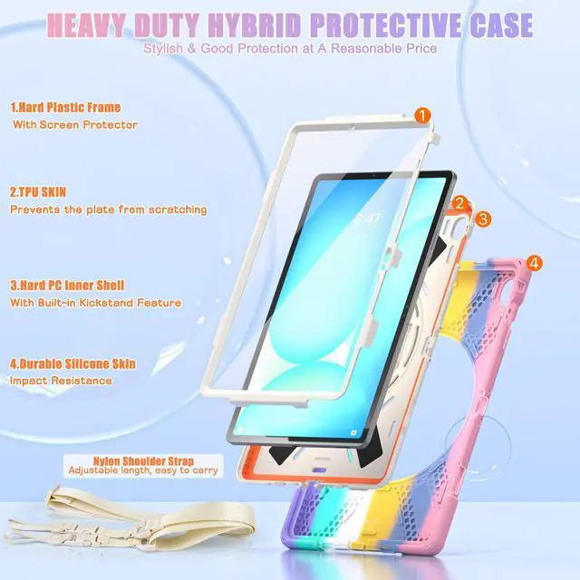 Alt view image 3 of 7 - WERLEO Case for Samsung Galaxy Tab S10 FE Plus 13.1 inch 2025 SM-X620/X626B/X626, Shockproof Protective Cover with Screen Protector, Stand, Hand/Shoulder Strap Pen Holder,Stylus Pen Pink/White