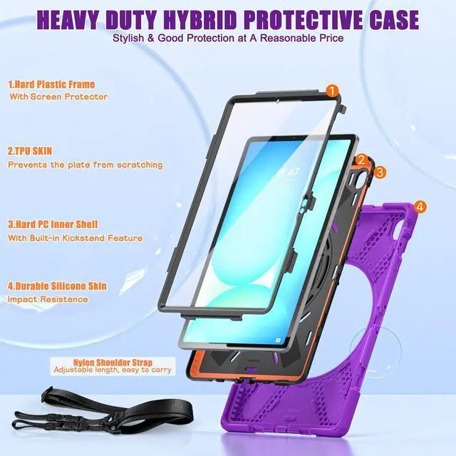 Alt view image 6 of 7 - WERLEO Case for Samsung Galaxy Tab S10 FE Plus 13.1 inch 2025 SM-X620/X626B/X626, Shockproof Protective Cover with Screen Protector, Stand, Hand/Shoulder Strap Pen Holder,Stylus Pen Purple