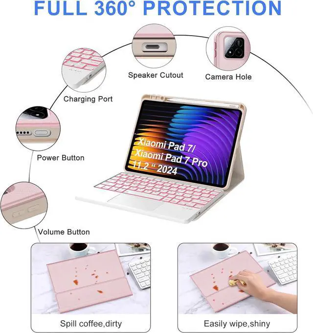 Alt view image 7 of 7 - WERLEO Keyboard Case for Xiaomi Pad 7/ Pad 7 Pro 11.2 Inch, 7 Color Backlit, Magnetic Detachable Wireless Bluetooth Keyboard, Multi-Touch Trackpad, Stain Resistant Cover, Rechargeable Pink