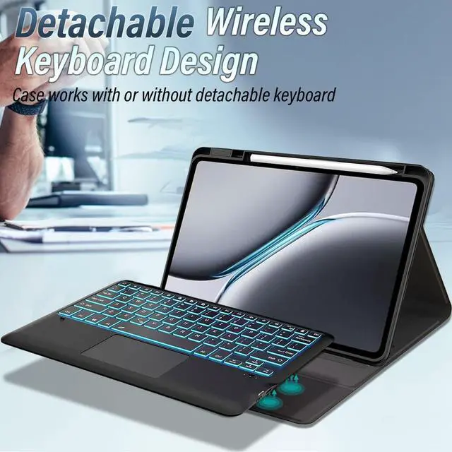 Alt view image 4 of 7 - Touchpad Keyboard Case for OnePlus Pad 2 12.1 Inch 2024, 7 Colors Backlit, Detachable Bluetooth Wireless Trackpad Keyboard & Slim PU Stand Protective Cover with Pencil Holder