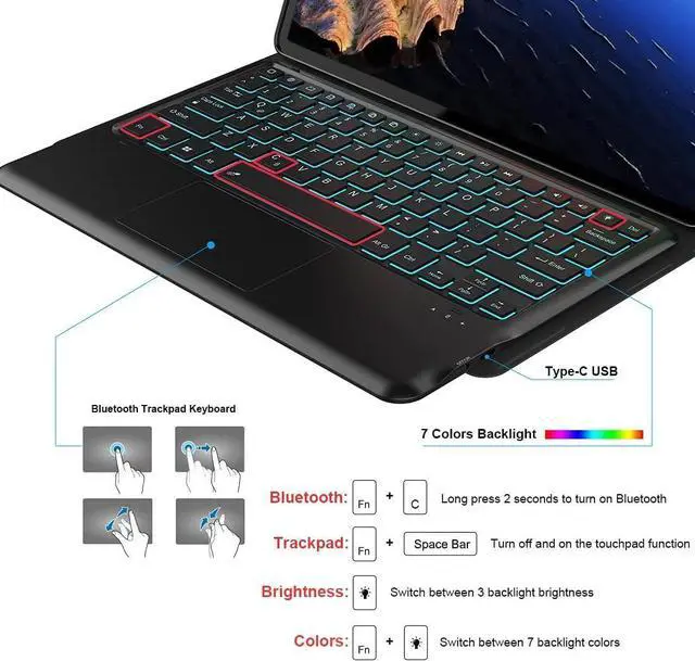 Alt view image 6 of 7 - Touchpad Keyboard Case for OnePlus Pad 2 12.1 Inch 2024, 7 Colors Backlit, Detachable Bluetooth Wireless Trackpad Keyboard & Slim PU Stand Protective Cover with Pencil Holder