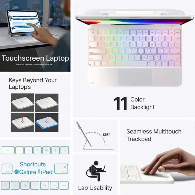 Alt view image 3 of 7 - BONAEVER Magic Wireless Keyboard Case for iPad Pro 13 inch M4 2024, Magic Keyboard with 11 Colors Backlight, Pencil Holder,Multi-Touch Trackpad, Easy-Set Magnetic Stand White