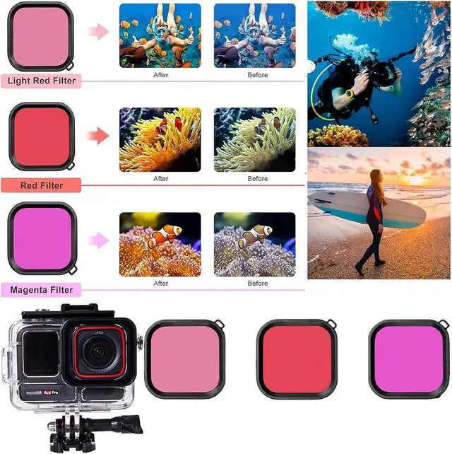 Alt view image 3 of 7 - WERLEO Waterproof Case for Insta 360 Ace Pro / Ace Pro 2 with 3 Pack Dive Filters, 196FT/60M Underwater Protective Housing Dive Kit, Professional Action Camera Dive Accessory