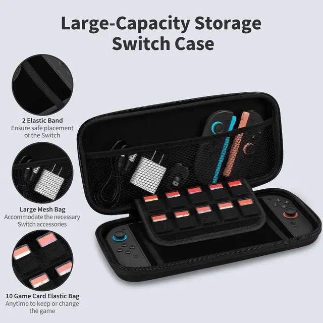 Alt view image 3 of 7 - WERLEO Switch 2 Case Accessories Bundle for Nintendo Switch2 Kit, Protective Switch Carrying Case with 10 Game Card Slot, Screen Protector Tempered Glass and 8pcs Thumb Grips Caps - Black