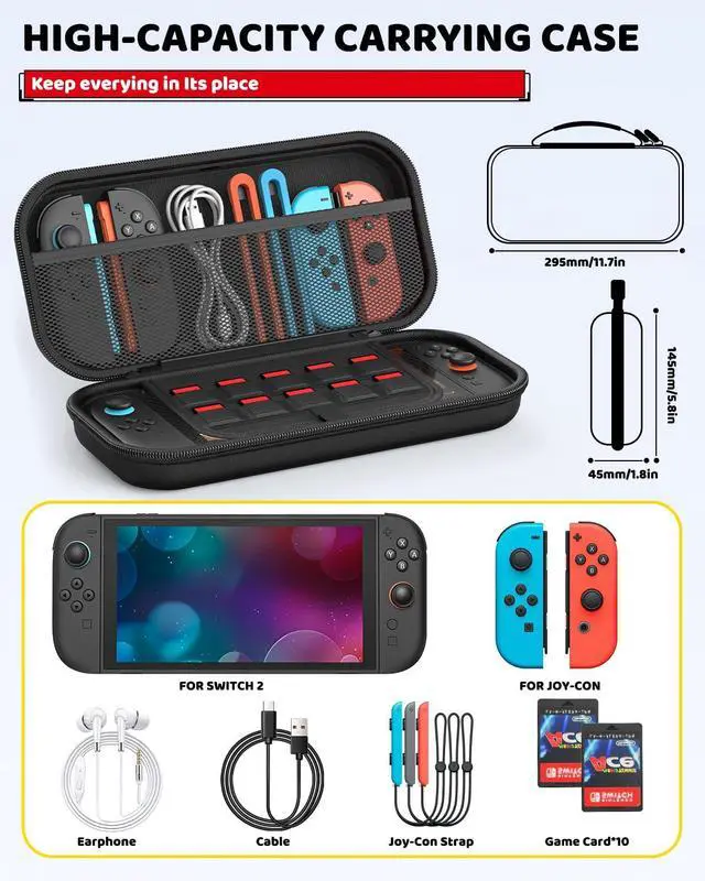 Alt view image 4 of 7 - WERLEO Accessories for Nintendo Switch 2 2025, Portable Hard Shell Carrying Case with 2 HD Screen Protectors, TPU Protective Skin, Dust Plugs Kit, 4 Thumb Grips Switch 2 Accessories Bundle
