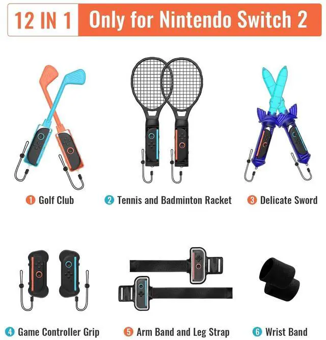 Alt view image 4 of 6 - WERLEO Switch Sports Game Accessories Bundle for Nintendo Switch 2 (2025) 12 in 1 Family Party Pack for Switch 2 Accessories Kit with Tennis Rackets,Golf Clubs,Chambara Swords,Leg Straps & Joycon Grip
