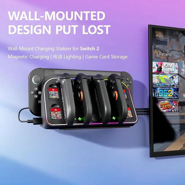 Alt view image 4 of 7 - WERLEO 4-in-1 Wall Mount for Nintendo Switch 2 - Switch Wall Mount with RGB Light & Joy Con Charger - 4 Joy Con Charging ports, 7 RGB Modes Light, 4 Game Card Storage - Magnetic Charging with LED