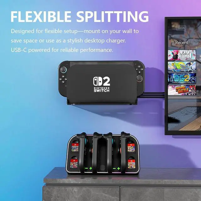 Alt view image 3 of 7 - WERLEO 4-in-1 Wall Mount for Nintendo Switch 2 - Switch Wall Mount with RGB Light & Joy Con Charger - 4 Joy Con Charging ports, 7 RGB Modes Light, 4 Game Card Storage - Magnetic Charging with LED