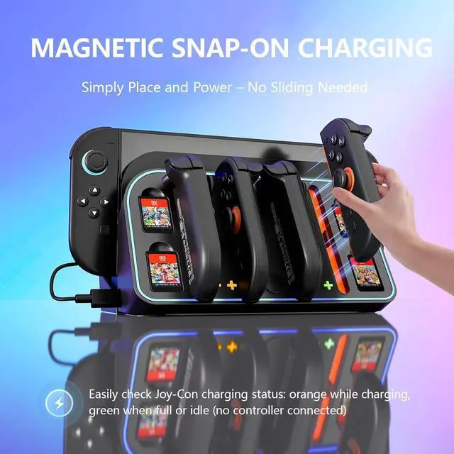 Alt view image 2 of 7 - WERLEO 4-in-1 Wall Mount for Nintendo Switch 2 - Switch Wall Mount with RGB Light & Joy Con Charger - 4 Joy Con Charging ports, 7 RGB Modes Light, 4 Game Card Storage - Magnetic Charging with LED