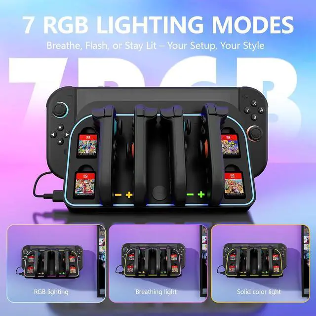 Alt view image 6 of 7 - WERLEO 4-in-1 Wall Mount for Nintendo Switch 2 - Switch Wall Mount with RGB Light & Joy Con Charger - 4 Joy Con Charging ports, 7 RGB Modes Light, 4 Game Card Storage - Magnetic Charging with LED