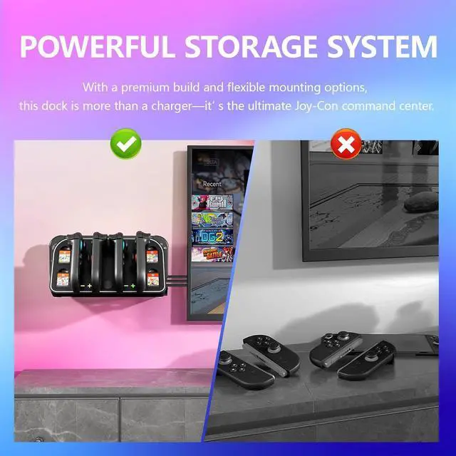Alt view image 7 of 7 - WERLEO 4-in-1 Wall Mount for Nintendo Switch 2 - Switch Wall Mount with RGB Light & Joy Con Charger - 4 Joy Con Charging ports, 7 RGB Modes Light, 4 Game Card Storage - Magnetic Charging with LED