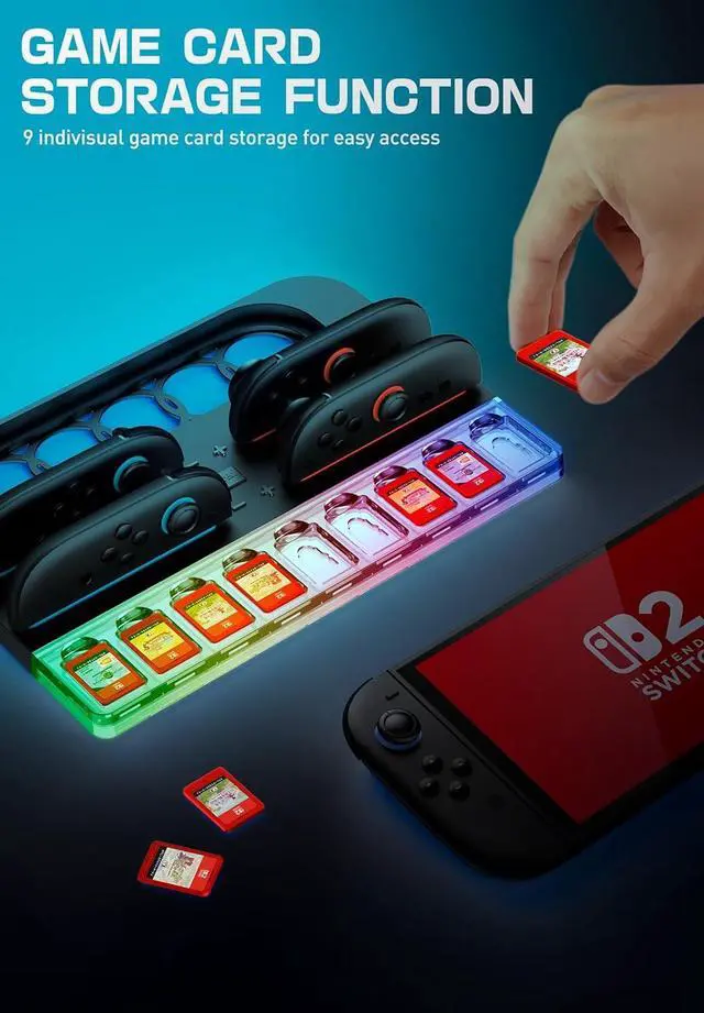 Alt view image 4 of 7 - WERLEO for Nintendo Switch 2 Joy Con Controllers Charger, [9 Game Card Storage] [Ambient Lighting] All-in-one Organization Accessories for Switch 2, Heat Dissipation Slot for Dock with USB Cable