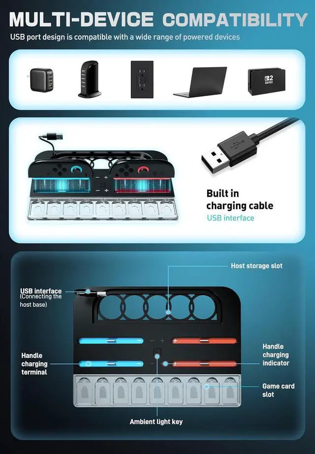 Alt view image 3 of 7 - WERLEO for Nintendo Switch 2 Joy Con Controllers Charger, [9 Game Card Storage] [Ambient Lighting] All-in-one Organization Accessories for Switch 2, Heat Dissipation Slot for Dock with USB Cable