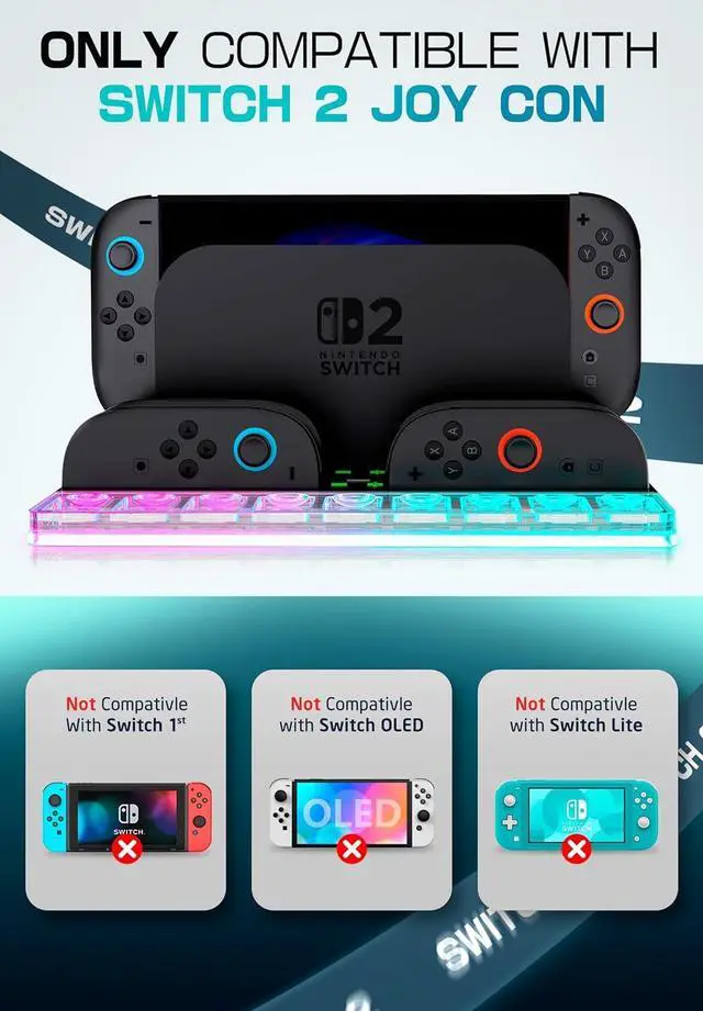 Alt view image 2 of 7 - WERLEO for Nintendo Switch 2 Joy Con Controllers Charger, [9 Game Card Storage] [Ambient Lighting] All-in-one Organization Accessories for Switch 2, Heat Dissipation Slot for Dock with USB Cable