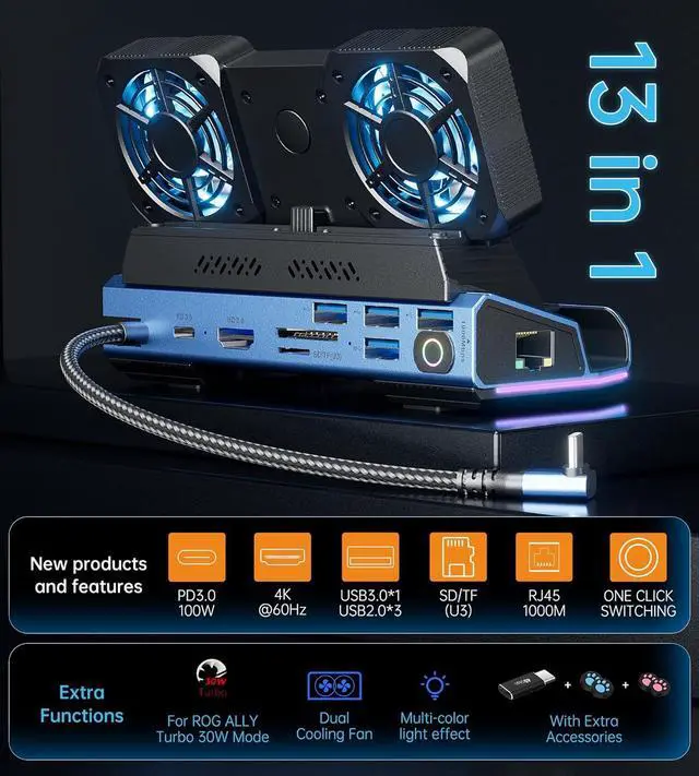Alt view image 4 of 6 - WERLEO Steam Deck OLED & ROG Ally X & Legion GO - 10-in-1 Docking Station Dismantling Dual Cool Fans Steam, 4K@60Hz, 4 USB Ports, 100W PD Charging, Gigabit Ethernet Fit for Steam Deck