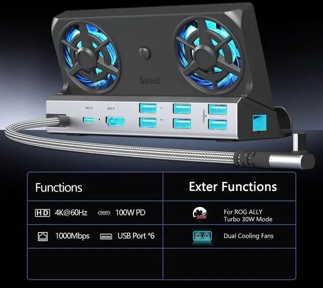 Alt view image 5 of 7 - WERLEO 9-in-1 Steam Deck Docking Station for Steam Deck/Rog Ally/Switch/Legion Go Dual Cooling Fans 4K@60Hz,6 USB Ports,1000Mbps,Type C 100W PD 40Gbps Adapter