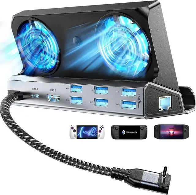 Main image of WERLEO 9-in-1 Steam Deck Docking Station for Steam Deck/Rog Ally/Switch/Legion Go Dual Cooling Fans 4K@60Hz,6 USB Ports,1000Mbps,Type C 100W PD 40Gbps Adapter
