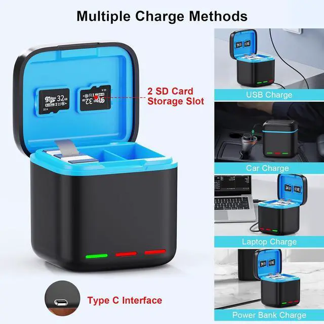 Alt view image 5 of 7 - WERLEO Battery Charger for Hero 13 Black, 2-Pack 2200mAh Battery USB Storage 3-Channel Fast Charger Fully Compatible with GoPro Hero 13 Black Official with Micro SD Card Slot