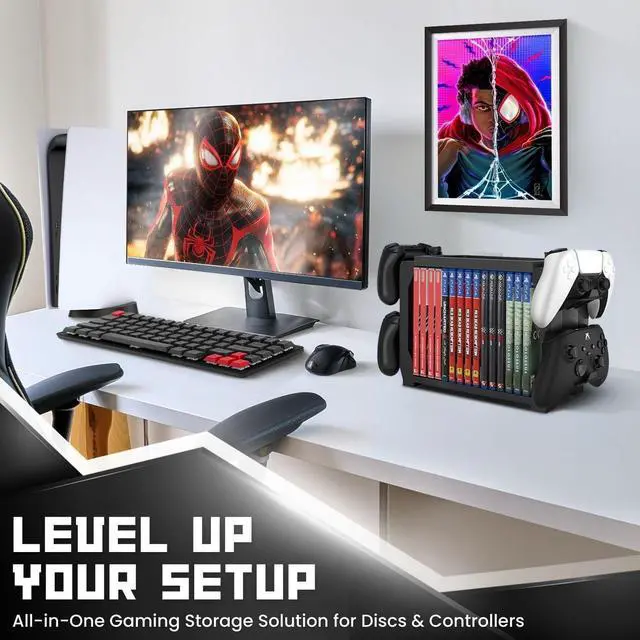 Alt view image 7 of 7 - WERLEO Games Storage Tower (Up to 15 CD Disc) For PS5 Game Disk Rack and Controller Stand Holder For Xbox Series X/Nintendo Switch/PS4 Controller Stand Holder Can hold up to 4 controller