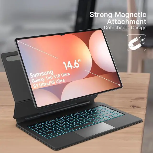 Alt view image 3 of 7 - WERLEO Magic Keyboard Case for Samsung Galaxy Tab S10 Ultra S9 Ultra S8 Ultra 14.6 inch Case Magnetic Floating Cantilever Stand with Multi-Touch Trackpad Pen Holder 7 Color Backlit Keyboard