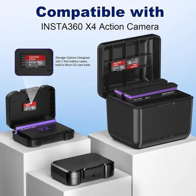 Alt view image 3 of 6 - WERLEO 360 X4 Battery for insta360 x4, 2-Pack 2500mAh and 3-Channel Type-C Fast Charger Case Compatible with Insta360 X4 Action Camera Batteries and Charger with Misro SD Card Slots