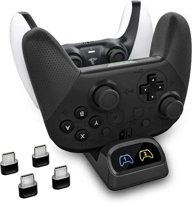Main image of WERLEO Switch Controller Charger, Fast Charging Dock for Switch Pro Controller, Xbox Series X/S, PS5, and Type-C Gamepads Dual Charger Station with LED Indicators, and Type-C Adapter