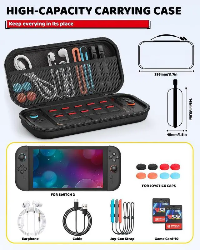 Alt view image 4 of 7 - WERLEO Switch Case for Nintendo Switch 2 (2025) with 2pcs Screen Protectors, Hard Shell Carry Case with Soft Lining, 10 Card Slots, Durable Ballistic Nylon, Soft Silicone Handle for Nintendo Switch2