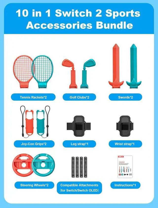 Alt view image 7 of 7 - WERLEO Switch 2 Sports Accessories Bundle, 10-in-1 Family Pack with Tennis Rackets, Adjustable Golf Clubs, Swords for Nintendo Switch 2 Sports Games, Premium Game Kit for Switch 2