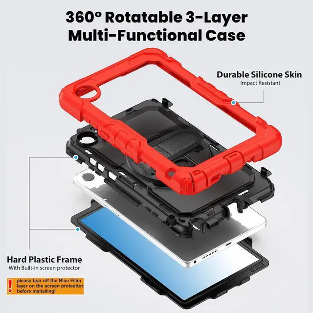 Alt view image 6 of 7 - WERLEO Case for Lenovo Tab One / Tab K9 8.7 inch 2025 TB305XU TB305FU with Screen Protector, ShockProof Protective Cover with 360° Rotating Stand & Shouder Strap, Pen Holder Red