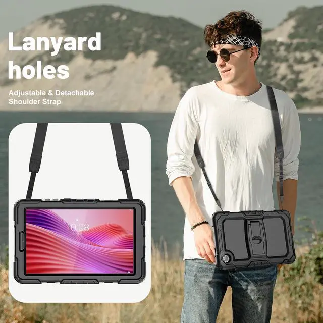 Alt view image 6 of 7 - Case for Lenovo Tab One 8.7 inch 2025 / Tab K9 8.7" 2025 TB305XU TB305FU, Heavy Duty Rugged Shockproof Drop Protection Cover with 360 Rotatable Stand, Hand Strap & Shoulder Strap, Stylus Pen