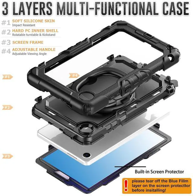 Alt view image 6 of 7 - Case for Lenovo Tab One 8.7 inch 2025 / Tab K9 8.7" 2025 TB305XU TB305FU, Shockproof Hard Duty Case with Screen Protector + 360 Rotating Hand Strap & Stand + Shoulder Strap