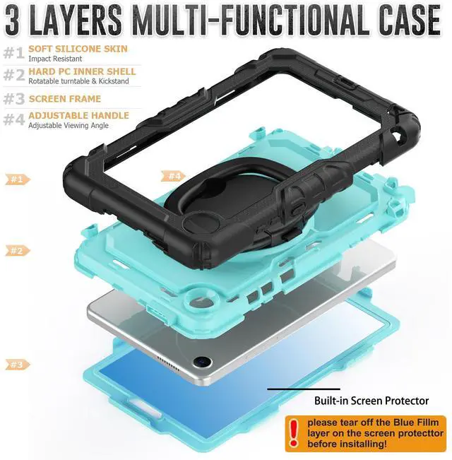 Alt view image 7 of 7 - Case for Lenovo Tab One 8.7 inch 2025 / Tab K9 8.7" 2025 TB305XU TB305FU, Shockproof Hard Duty Case with Screen Protector + 360 Rotating Hand Strap & Stand + Shoulder Strap Light Blue