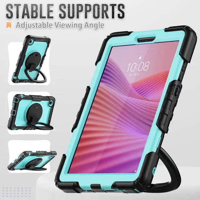 Alt view image 4 of 7 - Case for Lenovo Tab One 8.7 inch 2025 / Tab K9 8.7" 2025 TB305XU TB305FU, Shockproof Hard Duty Case with Screen Protector + 360 Rotating Hand Strap & Stand + Shoulder Strap Light Blue