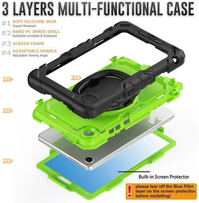 Alt view image 6 of 7 - Case for Lenovo Tab One 8.7 inch 2025 / Tab K9 8.7" 2025 TB305XU TB305FU, Shockproof Hard Duty Case with Screen Protector + 360 Rotating Hand Strap & Stand + Shoulder Strap Green