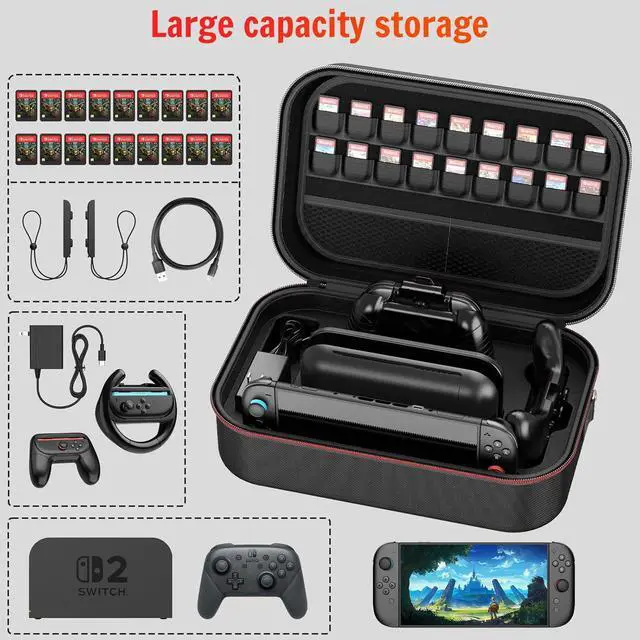 Alt view image 3 of 7 - BONAEVER Switch 2 Carry Case Compatible with Nintendo Switch 2,with 18 Games Cartridges Waterproof and Dustproof Travel Case for Switch 2 and Switch 2 Accessories,with Handles and Shoulder Straps